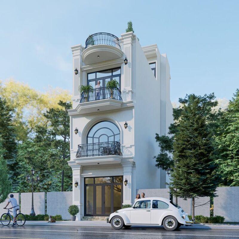 Mẫu mặt tiền nhà phố 5m 3 tầng tân cổ điển với tông màu trắng đặc trưng 