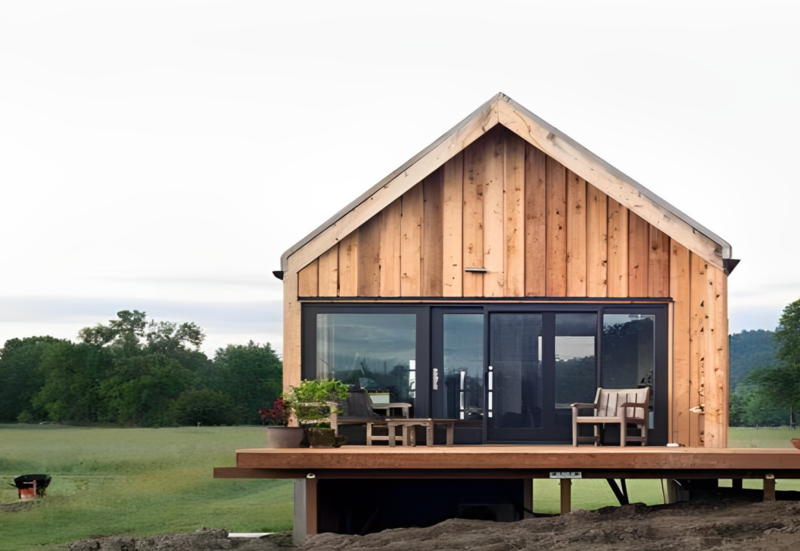 Nhà tiền chế 2 mái kết hợp gỗ đơn giản, mộc mạc 