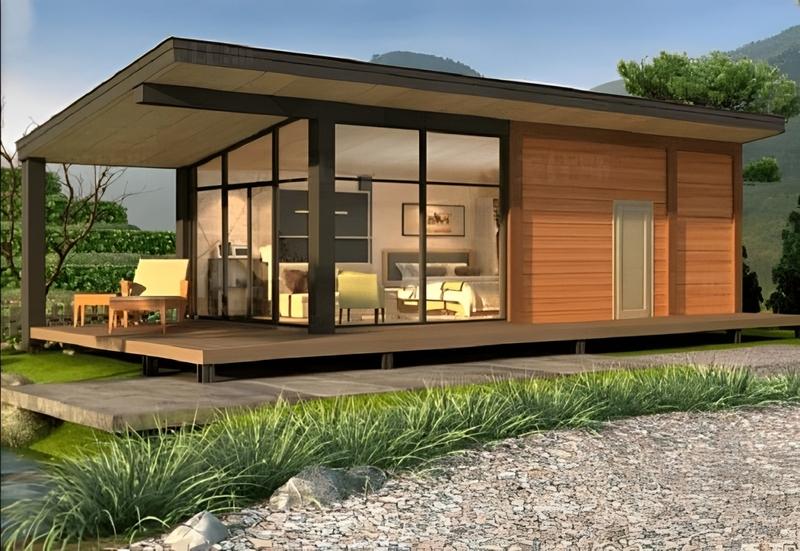 Mẫu nhà tiền chế 2 phòng ngủ làm bằng gỗ đơn giản, chi phí rẻ