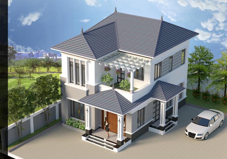 Phối cảnh 3D mẫu 8x12m nhà mái Nhật 2 tầng chữ L nhìn từ trên xuống