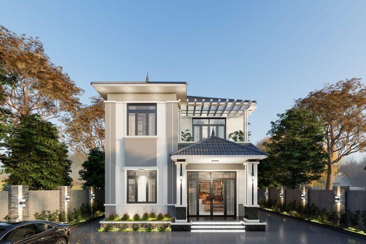 Phối cảnh 3D toàn cảnh mẫu 8x12m nhà mái Nhật 2 tầng đẹp