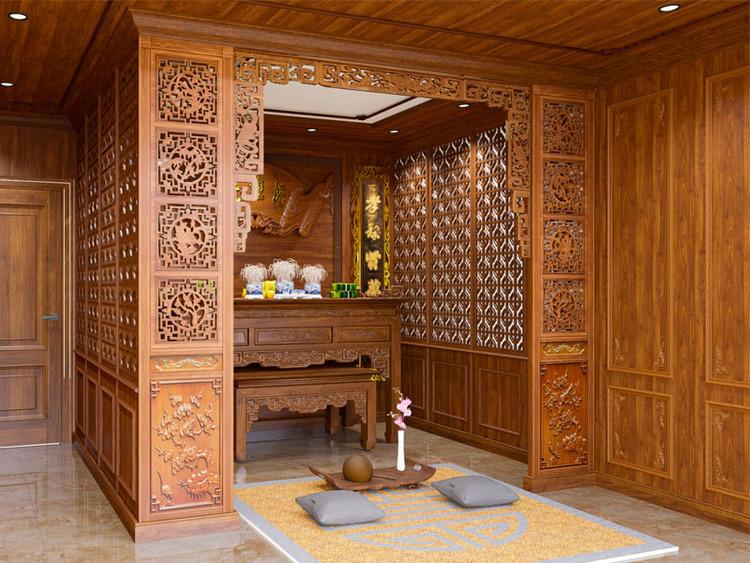 Vách ngăn bàn thờ bằng gỗ tự nhiên sang trọng, bền chắc, đắt đỏ