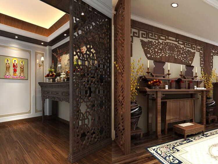 Mẫu vách ngăn phòng thờ với phòng ngủ kín đáo, sang trọng