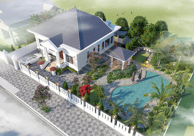 Mẫu thiết kế nhà đẹp cấp 4 3 phòng ngủ có hồ bơi