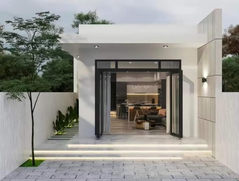 Mẫu nhà đẹp cấp 4 dạng ống thường sử dụng gam màu trung tính kết hợp cùng sân vườn