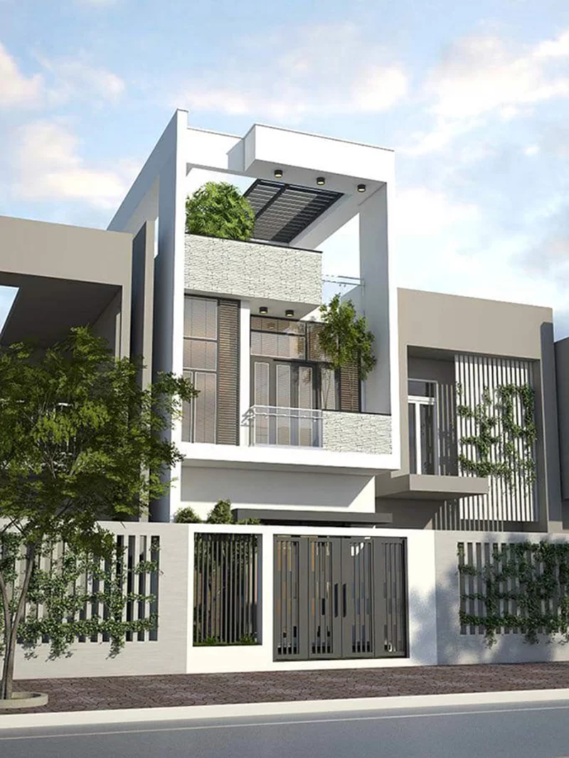 Mẫu nhà đẹp 2 tầng dạng ống hiện đại kết hợp cây xanh
