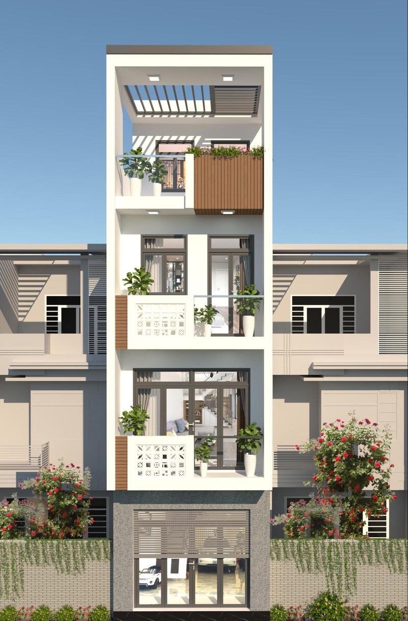 Mẫu nhà ống 4 tầng đẹp, thiết kế ban công nhiều cây xanh
