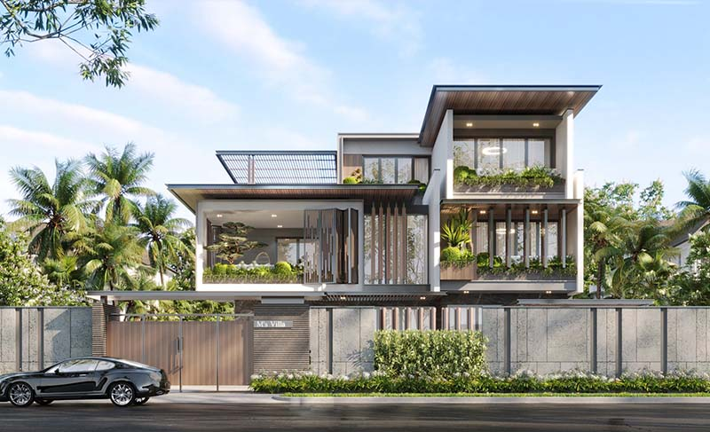 Mẫu nhà đẹp biệt thự 3 tầng đẹp, sang trọng, nổi bật kết hợp cây xanh