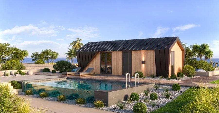 Mẫu nhà lắp ghép kết hợp bể bơi mini hiện đại, sang trọng