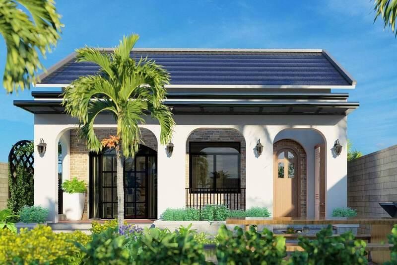 Mẫu nhà mái Nhật 1 tầng với 3 phòng ngủ có khoảng sân vườn rộng phía trước