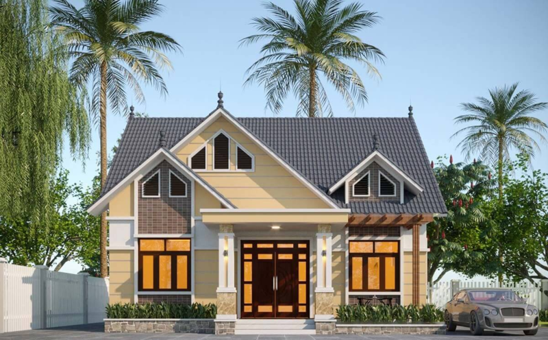 Nhà mái Thái đặc trưng với phần mái có độ dốc lớn, giúp thoát nước nhanh chóng