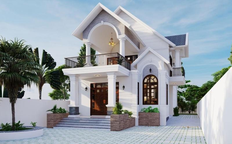 Mẫu nhà mái Thái 2 tầng đẹp, đơn giản, hiện đại với tone trắng chủ đạo