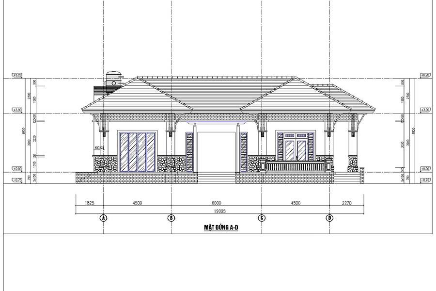 Bản vẽ nhà cấp 4 chữ U mặt đứng chi tiết, đầy đủ kích thước