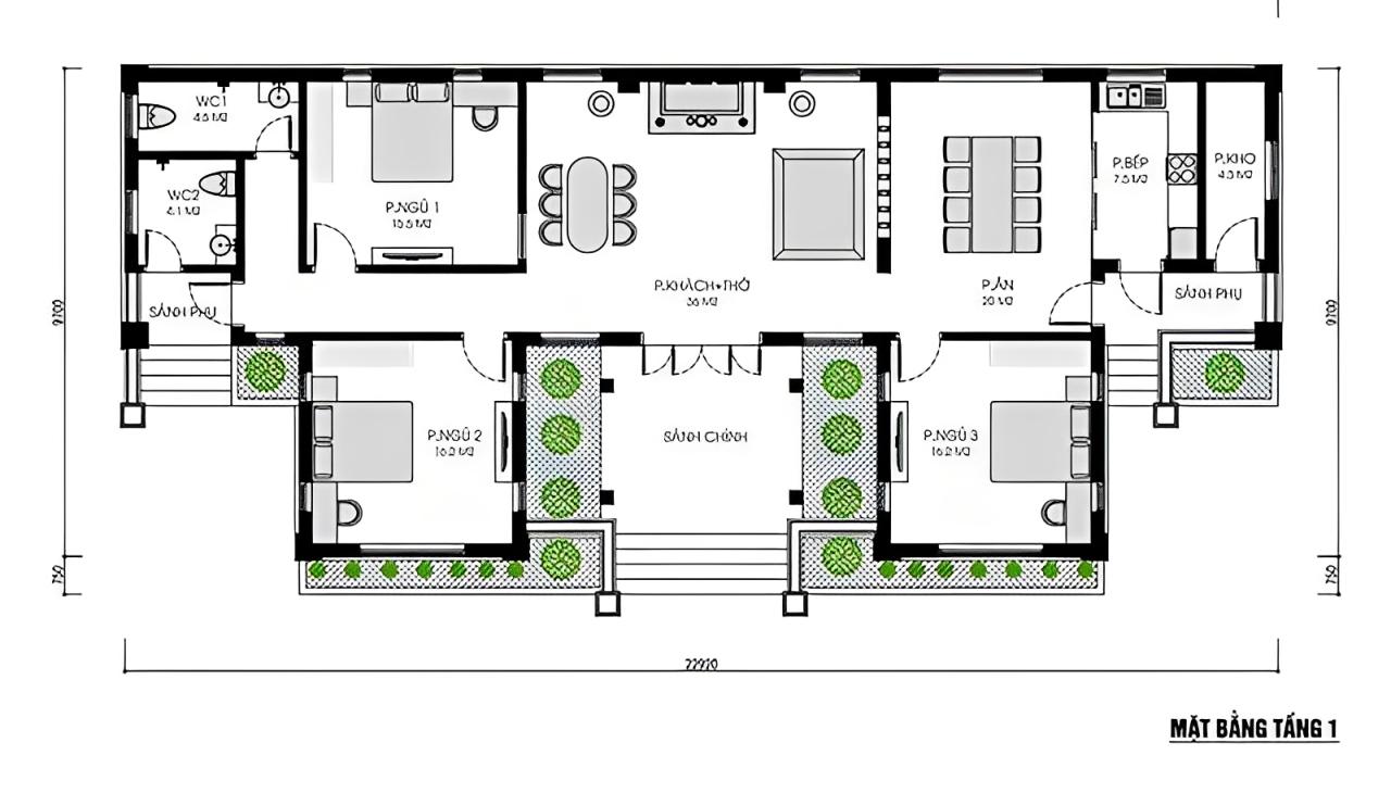 Bản vẽ nhà cấp 4 3 phòng ngủ 100m2 chữ U đầy đủ công năng