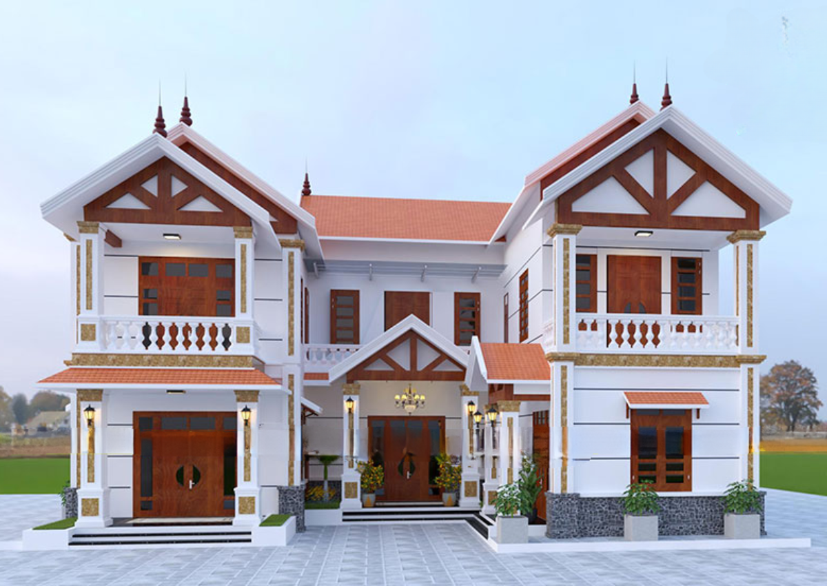Mẫu nhà chữ U 2 tầng mái Thái tinh tế, hài hòa với cảnh quan xung quanh