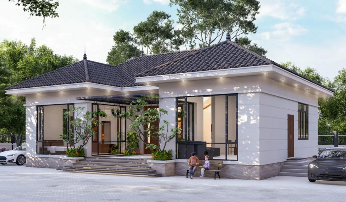 Mẫu nhà cấp 4 mái Nhật 4 phòng ngủ với thiết kế chữ U độc đáo, hài hoà