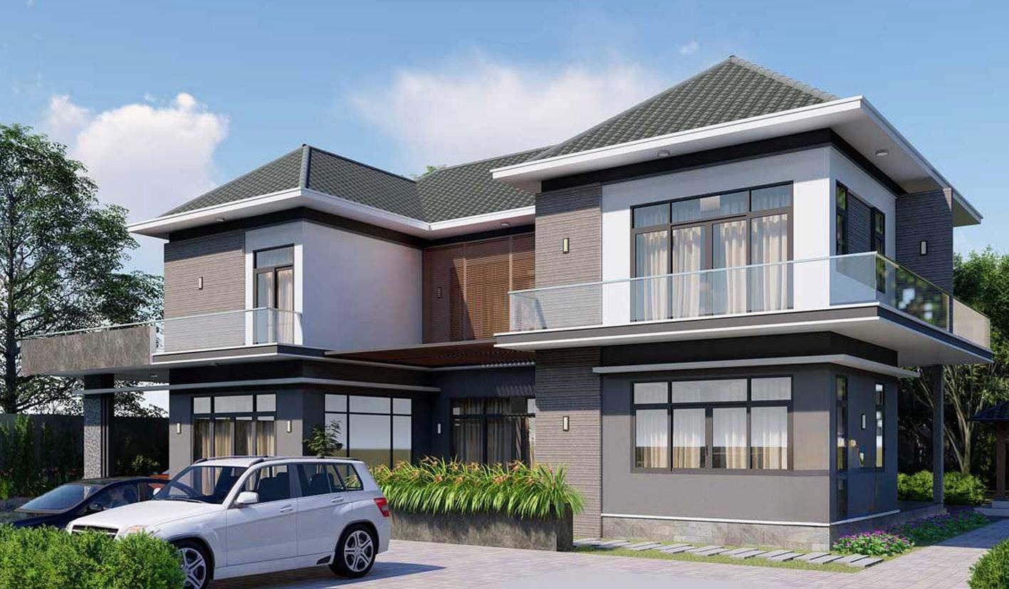 Mẫu nhà mái Nhật 2 tầng thiết kế kiểu dáng chữ U đơn giản nhưng không kém phần thu hút