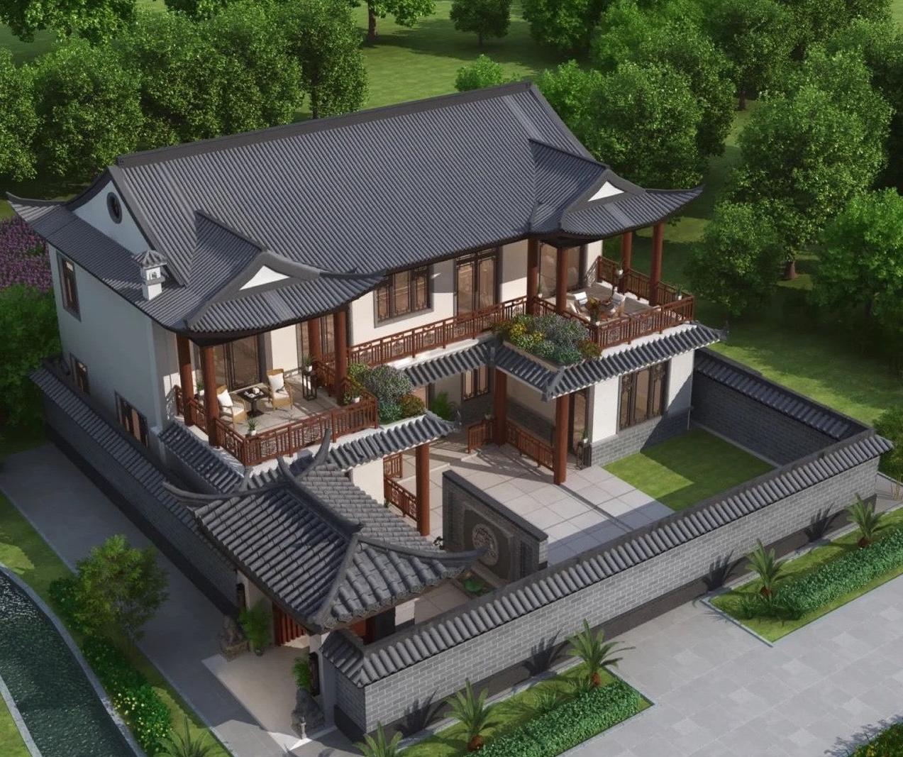 Mẫu nhà chữ U phong cách Trung Quốc nổi bật với mái ngói cong mềm mại (Nguồn: Internet)