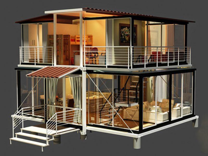 Hệ cửa và vách kính trong nhà lắp ghép 2 tầng được làm bằng vật liệu cao cấp, hiện đại 