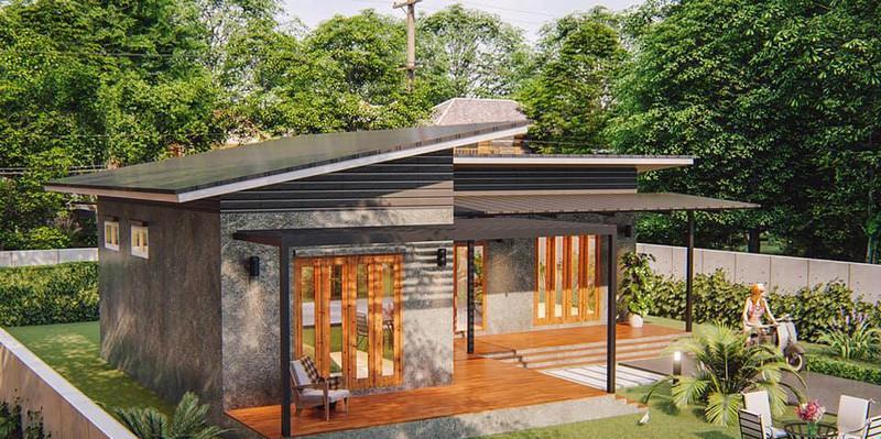 Mẫu nhà cấp 4 mái lệch chữ L sang trọng, ấn tượng