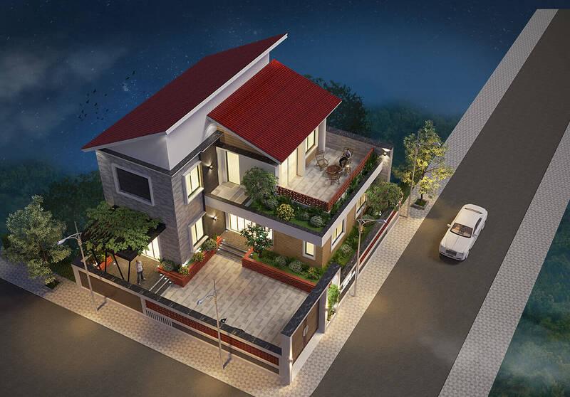 Mẫu nhà mái lệch 2 tầng hiện đại, thiết kế thời thượng