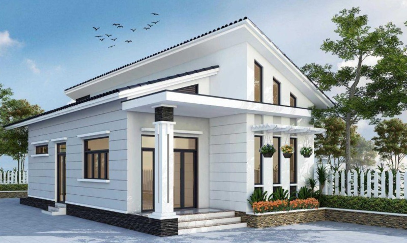 Mẫu nhà cấp 4 nông thôn 3 phòng ngủ với kiểu mái lệch đẹp, thiết kế thanh lịch, hài hòa