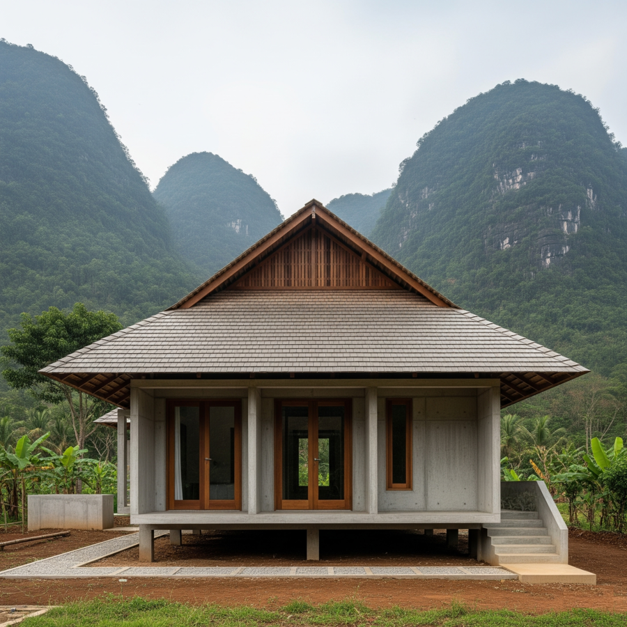 Nhà sàn bê tông 3 gian vững chãi, thiết kế tối giản mà cuốn hút