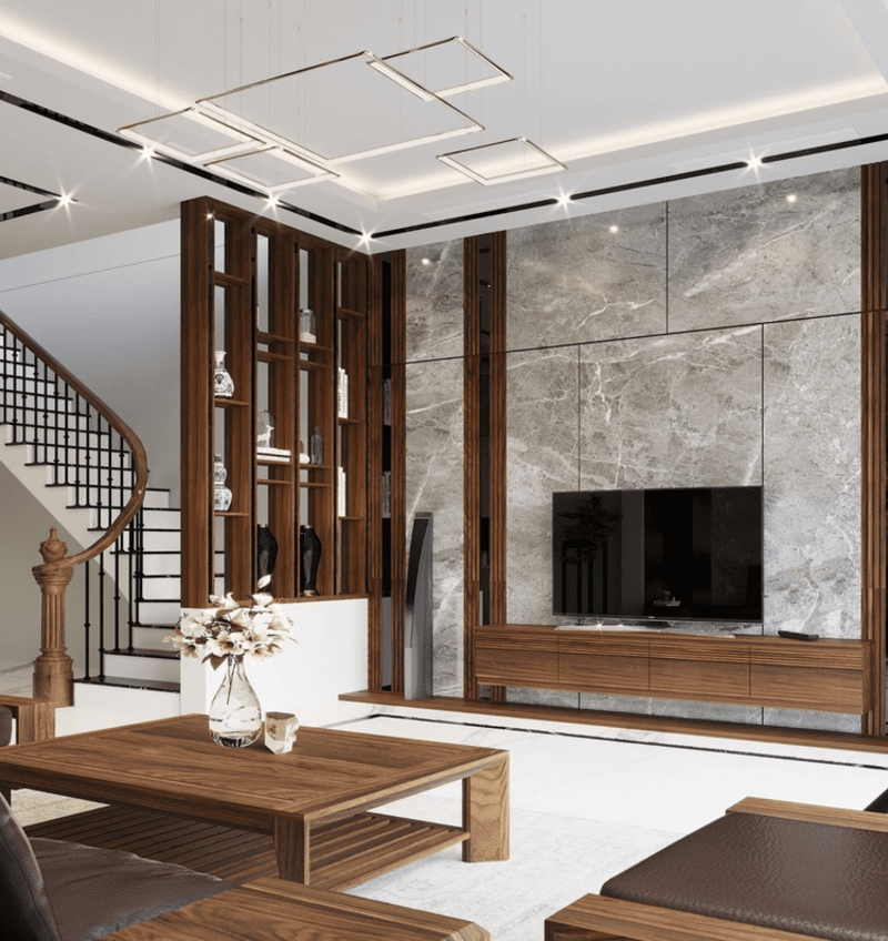 Vách ngăn với cầu thang giúp gia chủ tạo điểm nhấn cho khu vực phòng khách