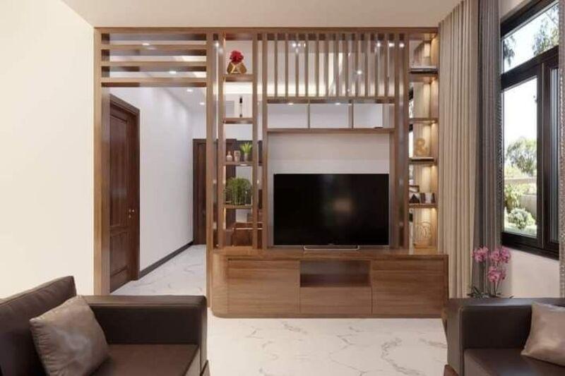 Vách ngăn phòng khách kết hợp kệ tivi tại nên không gian nội thất mới mẻ, sang trọng