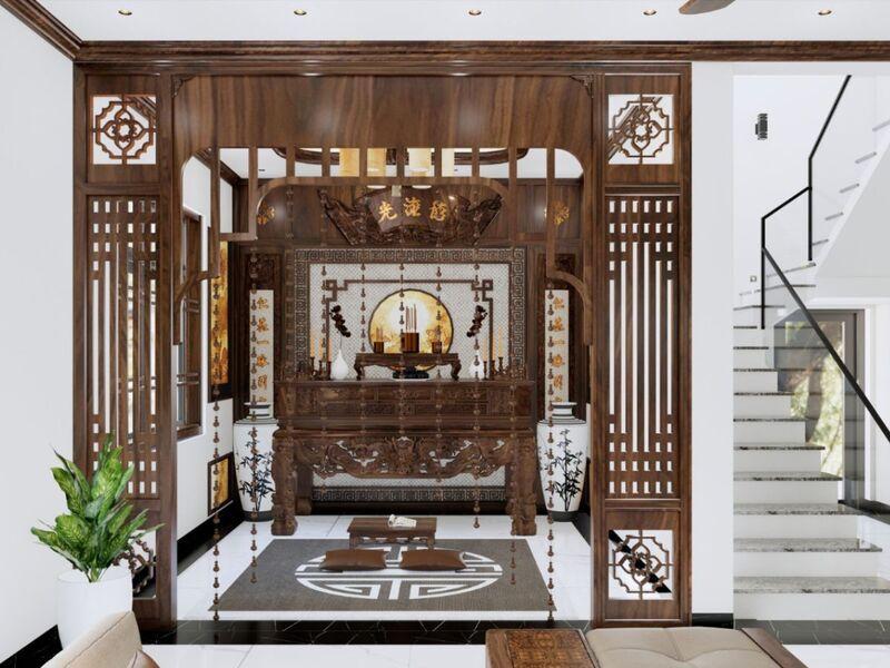 Vách ngăn phòng thờ với phòng khách có tông màu trầm ấm, chạm trổ tinh xảo