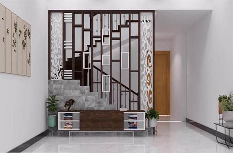 Vách ngăn phòng khách với cầu thang giúp giúp che đi khuyết điểm của cầu thang