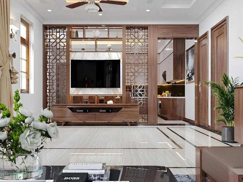 Mẫu vách ngăn phòng khách và bếp dạng lỗ đẹp, hiện đại, ấm cúng