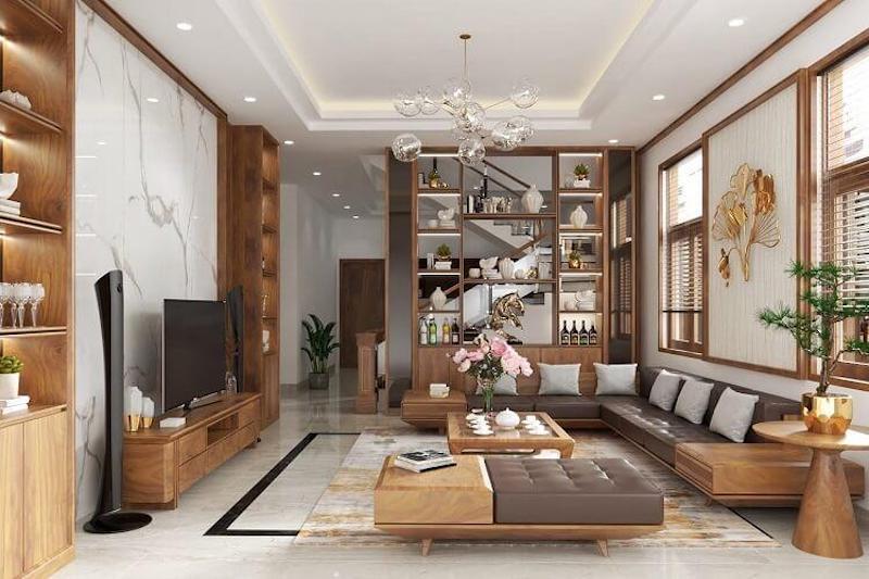 Vách ngăn phòng khách bằng gỗ tự nhiên tạo nên không gian ấm cúng và sang trọng