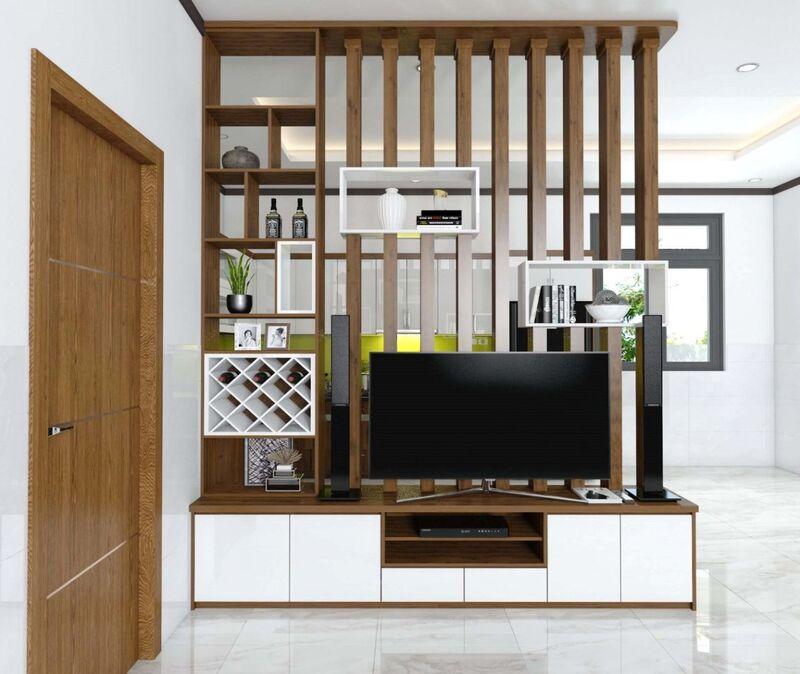 Vách ngăn phòng khách bằng gỗ tự nhiên tạo sự hài hòa và đồng bộ với các món đồ nội thất gỗ trong nhà