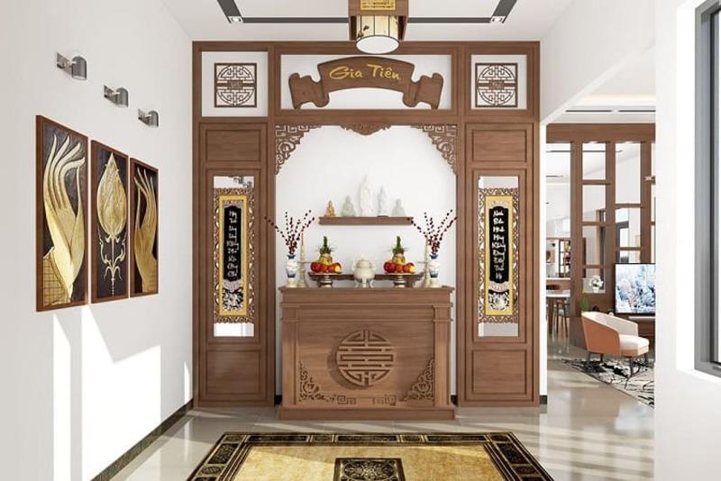 Vách ngăn phòng thờ với phòng khách giúp tách biệt giữa không gian thờ cùng trang nghiêm và phòng khách sinh hoạt