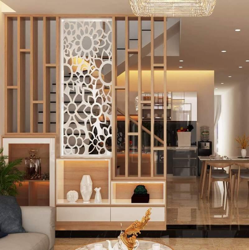 Vách ngăn phòng khách và bếp nhà ống bằng nhựa PVC hạn chế bám bụi và rất dễ lau chùi