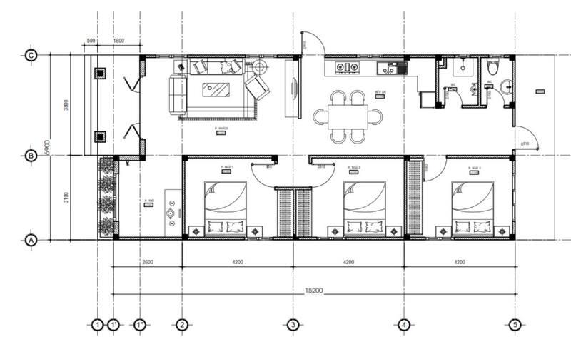 Mẫu bản vẽ nhà cấp 4 mái lệch có 3 phòng ngủ đầy đủ tiện nghi