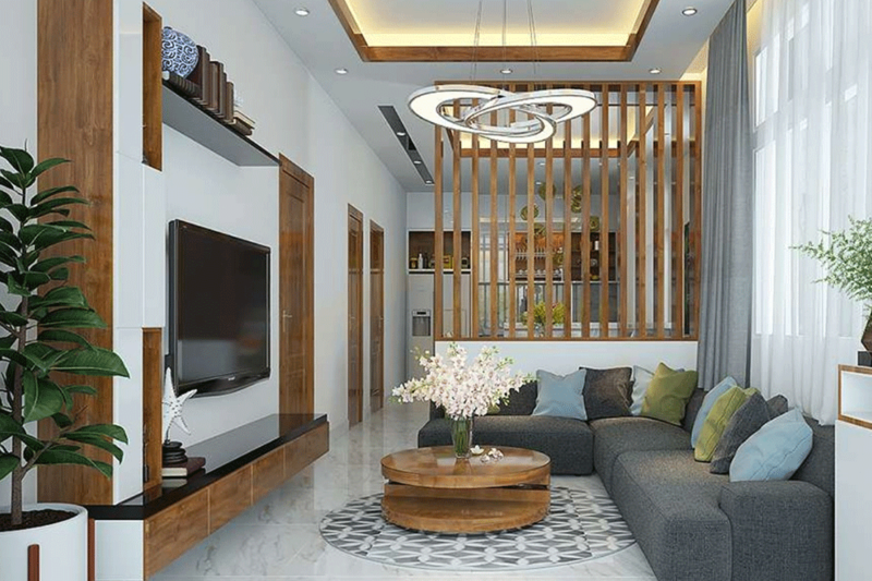 Mẫu vách ngăn phòng khách và bếp tạo không gian mở, mang lại cảm giác thoáng đãng và rộng rãi