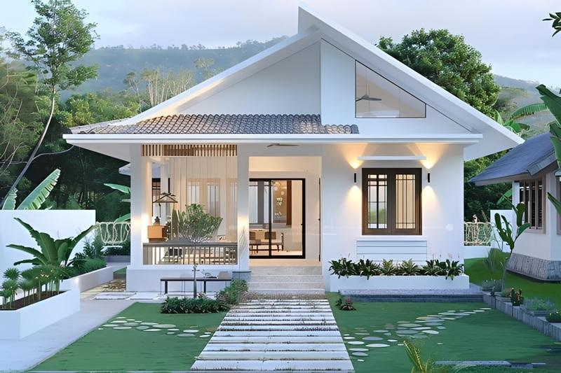 Mẫu nhà cấp 4 mái lệch đơn giản với màu trắng làm gam chủ đạo