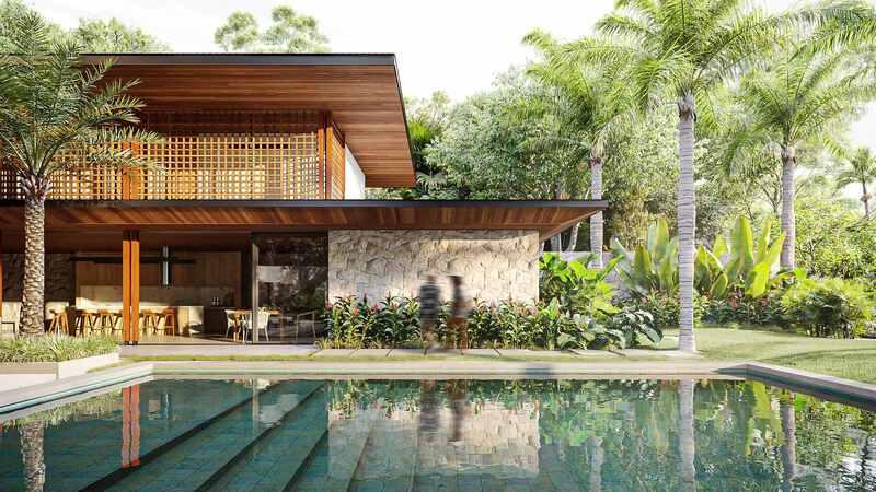 Mẫu nhà lắp ghép 2 tầng có hồ bơi hiện đại, thiết kế hài hoà, sang trọng