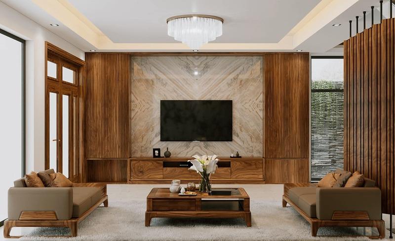 Vách ngăn phòng khách bằng tấm nhựa PVC giả đá sang trọng, ấn tượng