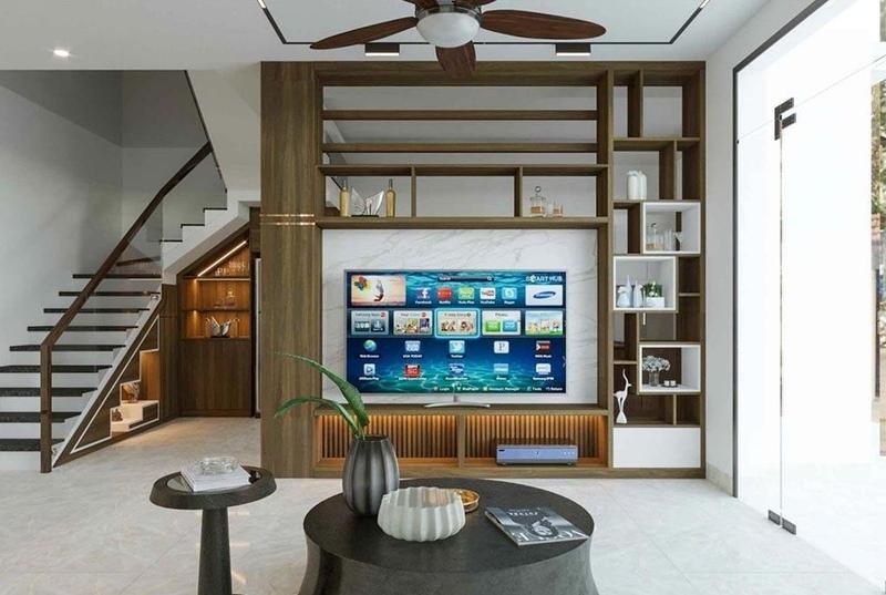 Mẫu vách ngăn phòng khách và bếp kết hợp kệ tivi tuyệt đẹp bằng gỗ ấm cúng