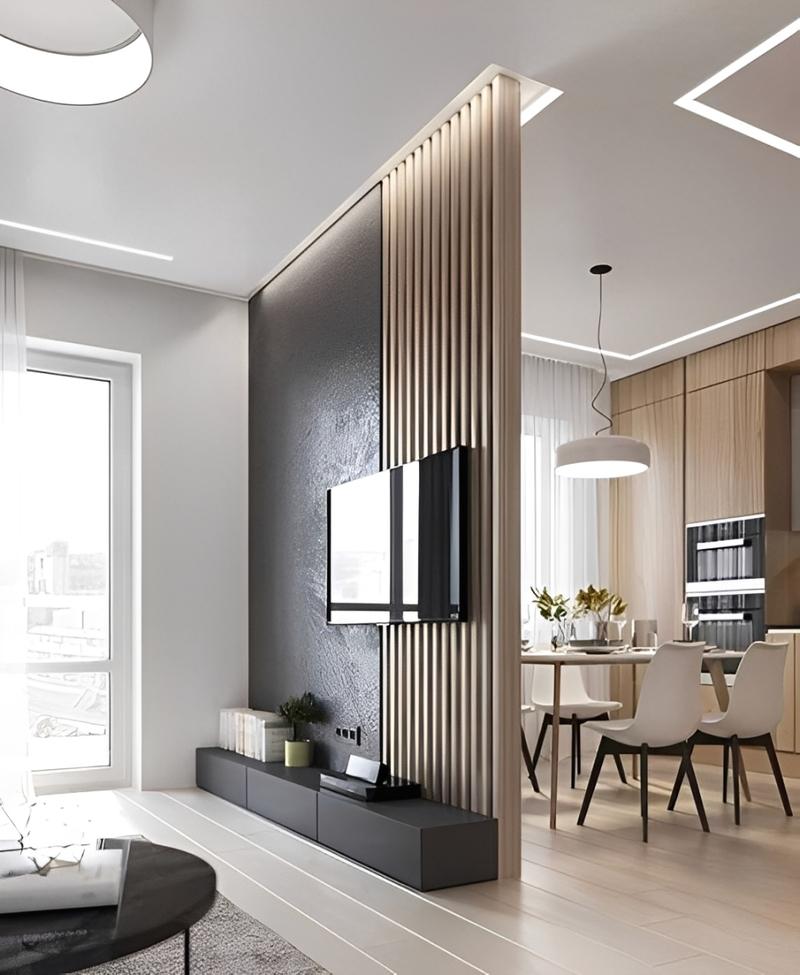 Mẫu vách ngăn phòng khách đa năng, kết hợp kệ tivi trang trí và tiện ích