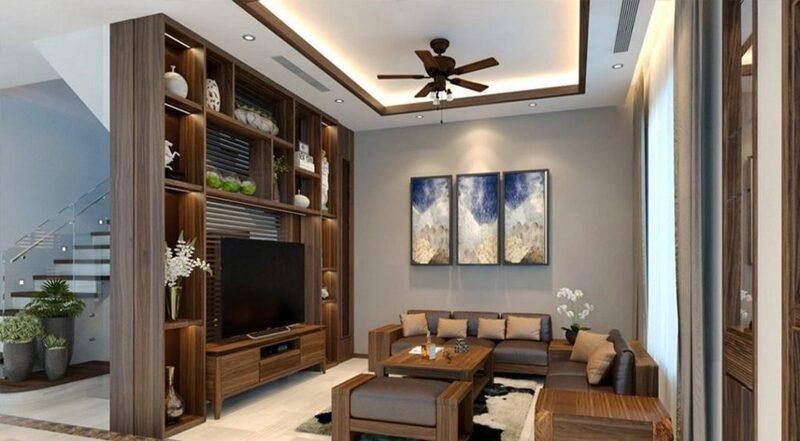 Mẫu vách ngăn phòng khách và bếp kết hợp kệ tivi đẹp, tạo điểm nhấn ấn tượng