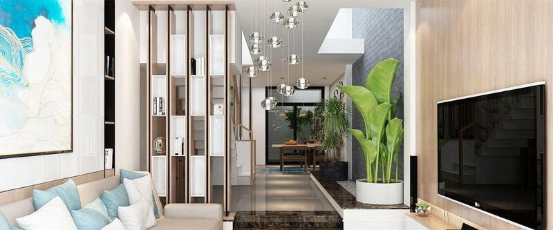 Mẫu vách ngăn phòng khách kết hợp kệ trang trí tinh xảo, làm nổi bật không gian sống