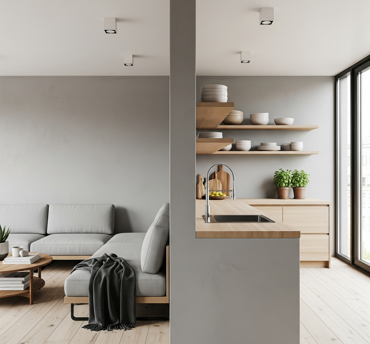 Mẫu vách ngăn phòng khách và bếp bằng tường bê tông đẹp, chắc chắn