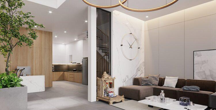 Vách ngăn phòng khách và bếp bằng tường kết hợp tấm ốp trang trí họa tiết vân đá sang trọng