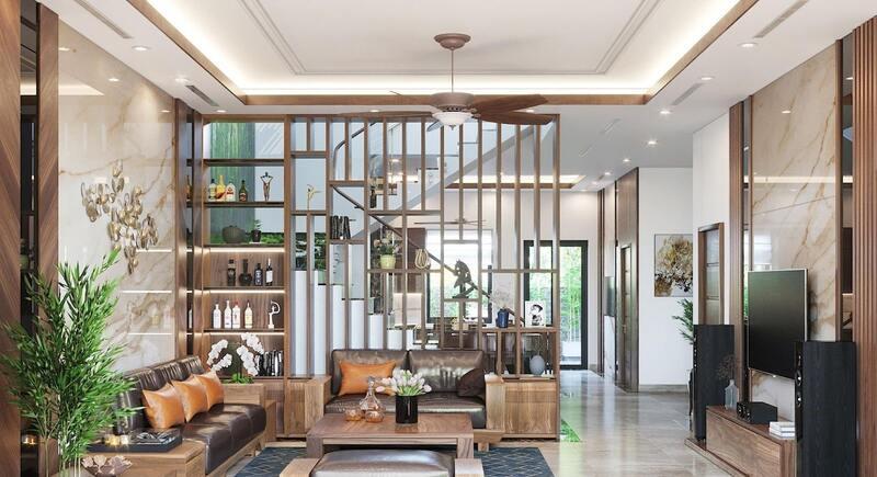 Mẫu vách ngăn giữa phòng khách và bếp bằng gỗ hiện đại, ấn tượng