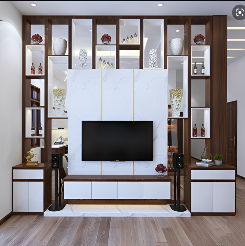 Mẫu vách tivi ngăn phòng khách và bếp đẹp, hiện đại, tiện nghi