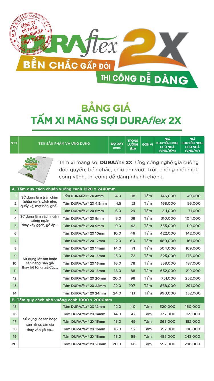BẢNG GIÁ TẤM XI MĂNG SỢI DURAflex
